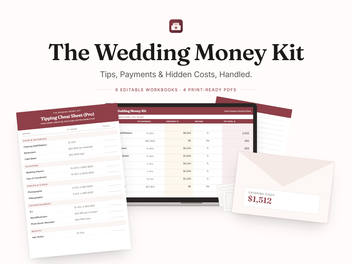 The Wedding Money Kit: six editable workbooks and four print-ready PDFs for tips, payments, and hidden costs