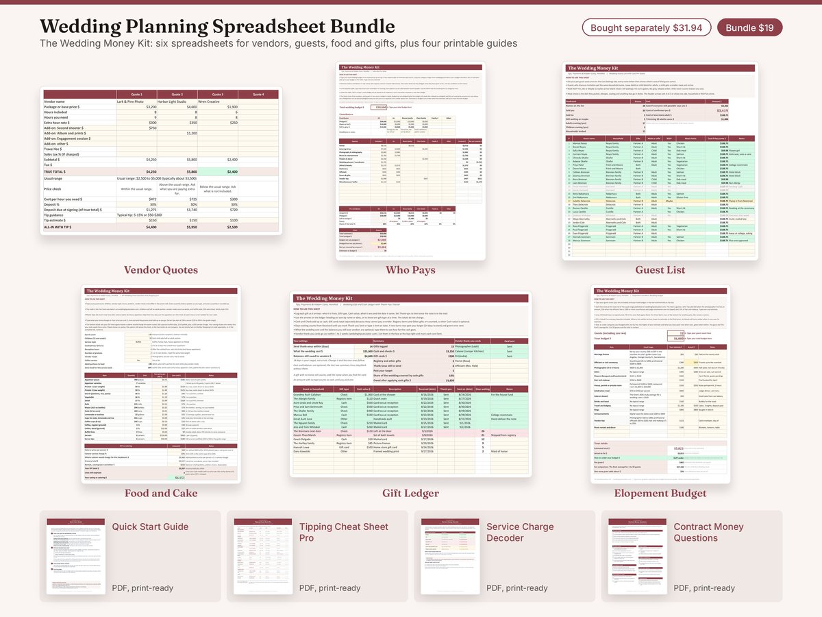 The Planning Pack: six spreadsheets for vendors, guests, food and gifts, plus four printable guides