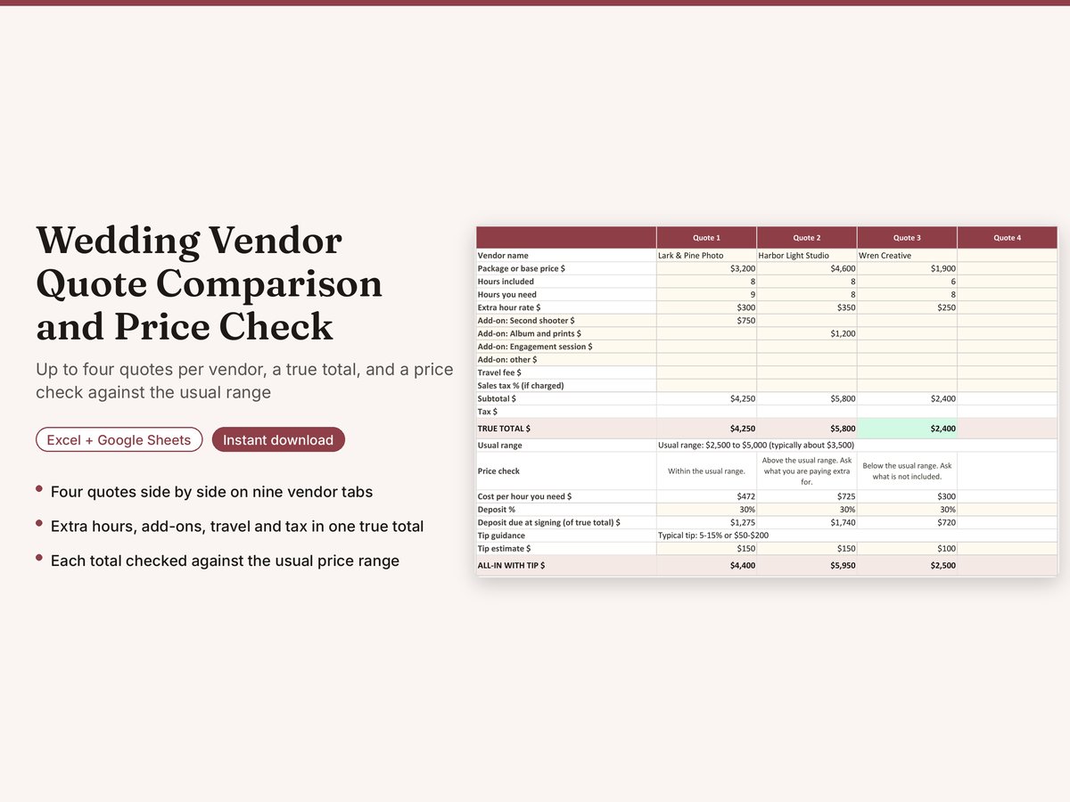 The Vendor Quote Comparison workbook with three sample photographer quotes, true totals and a price check