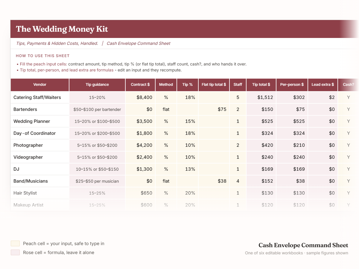 The Cash & Envelope Command Sheet with sample vendor tips, showing the per-person and lead-extra formulas